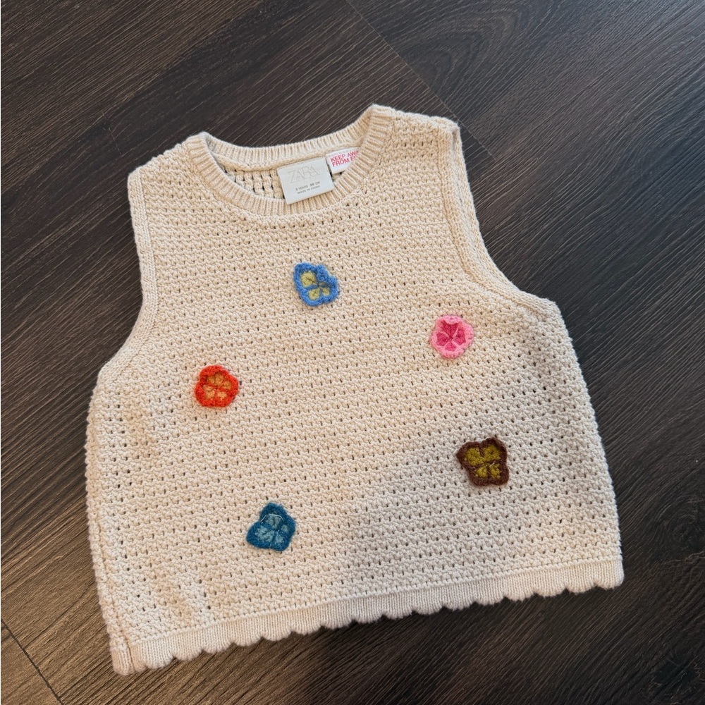 Zara Kids Cream Crochet Vest with Multicolor Flower Appliqués